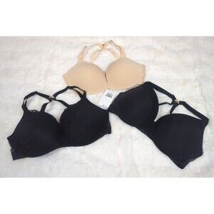 LIVELY Lot of 3 Push Up No Wire Bras Jet Black, Nude 34DD
